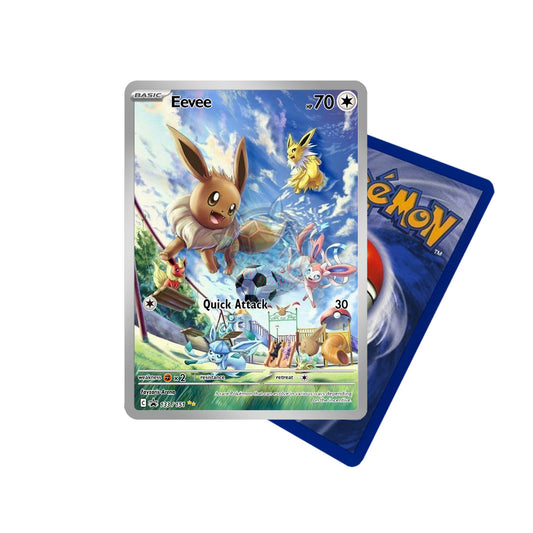 Handgemachte Pokémon-Fan-Karte mit Evoli & seinen Entwicklungen (z. B. Jolteon, Vaporeon, Sylveon) auf einem Spielplatzmotiv / Handmade fan card featuring Eevee and its evolutions like Jolteon, Vaporeon & Sylveon in a playground scene