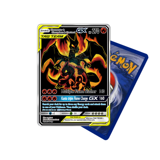 Handgemachte Holo-Fan-Karte mit Glumanda, Glutexo & Glurak (Charmander, Charmeleon & Charizard) als feuriges Tag Team GX im Flammen-Design / Handmade holo fan card featuring Charmander, Charmeleon & Charizard as fiery Tag Team GX in flame design