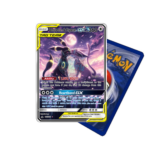Umbreon & Espeon in einer romantischen Vollmond-Szene als handgemachte Holo-Fankarte / Romantic full moon scene with Umbreon & Espeon – handmade holo Pokémon fan card