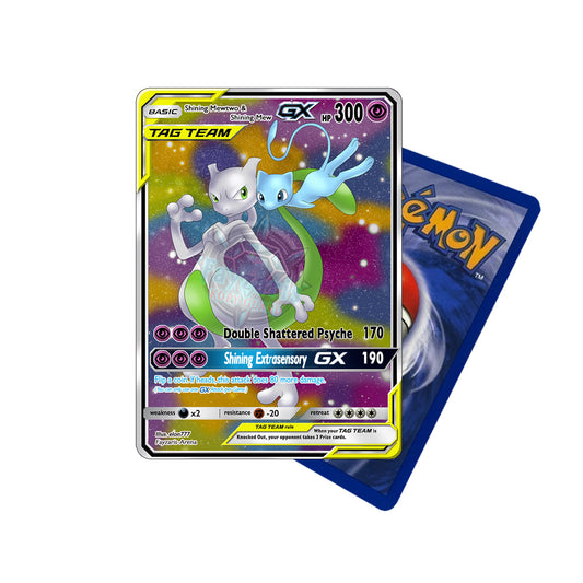 Handgemachte Holo-Fan-Karte mit Shining Mewtu & Shining Mew als Tag Team im galaktischen Design / Handmade holo fan card featuring Shining Mewtwo & Shining Mew in a cosmic Tag Team GX layout