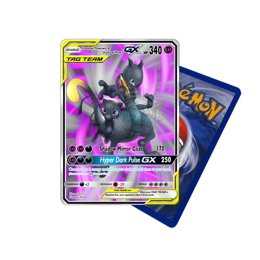 Handgemachte Holo-Fan-Karte mit Shadow Mewtu & Shadow Mew als Tag Team GX im dunklen Neon-Design / Handmade holo fan card featuring Shadow Mewtwo & Shadow Mew as Tag Team GX with neon shadow aura