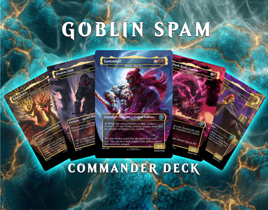 Dieses Custom-Deck bringt Ganondorf in dein Magic-Spiel – mit originalgetreuen Spielmechaniken, aber düsterem Zelda-Style.
Goblinkarten, neu interpretiert mit Artworks von Ganondorf, seine Partner und einige Ganons Artefakten.
Für kreative Casual-Runden.
Teste dieses Goblin Deck im Ganon-Gewand!