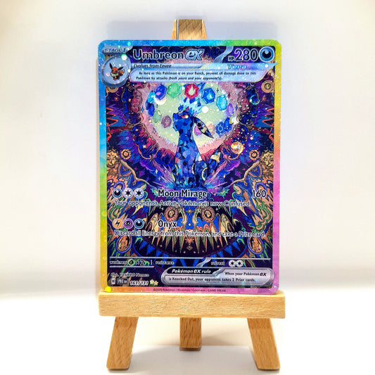 Handmade Umbreon EX Tera card (Nachtara) with galaxy holo design. Custom Pokémon proxy card featuring Moon Mirage attack. Handgemachte Umbreon / Nachtara EX Tera Karte im Galaxy Holo-Design. Custom Pokémon Proxy Card mit Spezialangriff Moon Mirage.